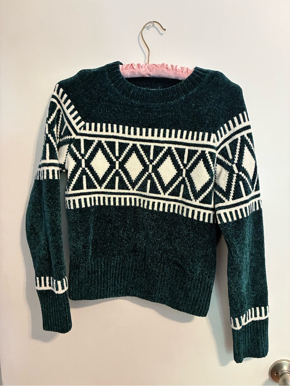 Christian Siriano New York Dark Green & White Patterned Crew Sweater - Women’s